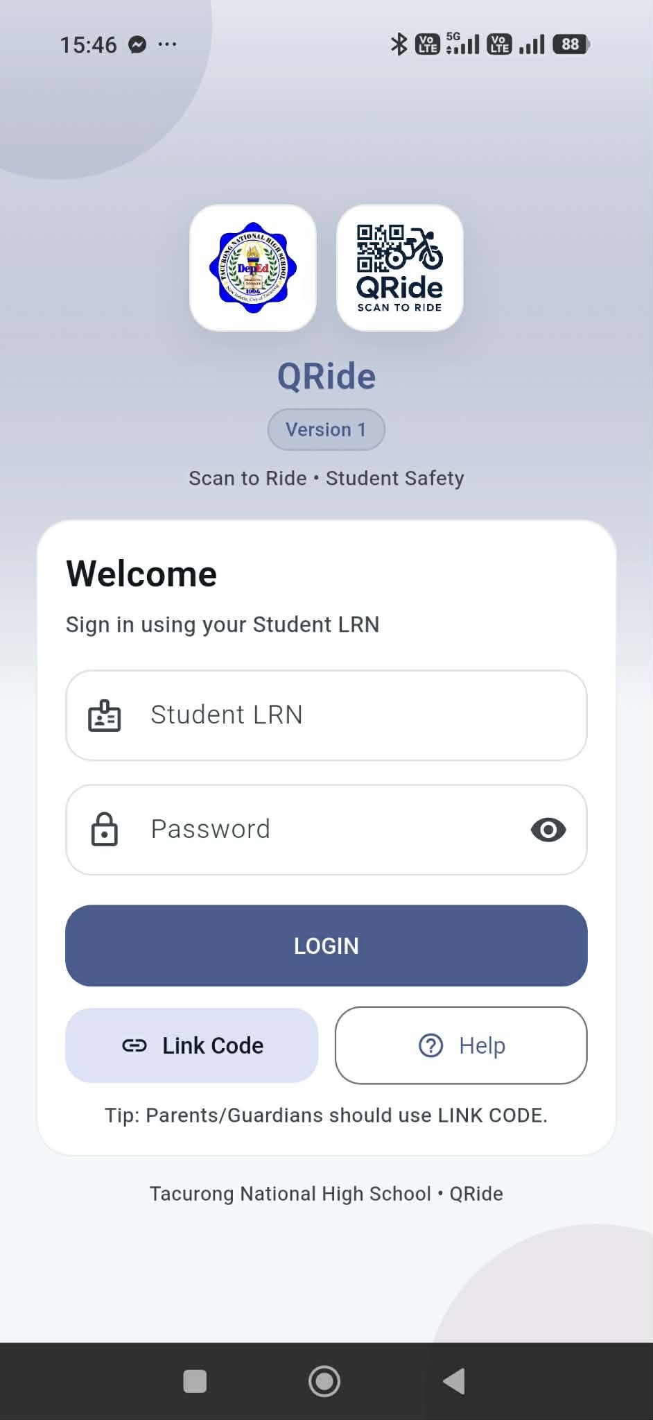 Login screen with Student LRN, Password, and Login button.