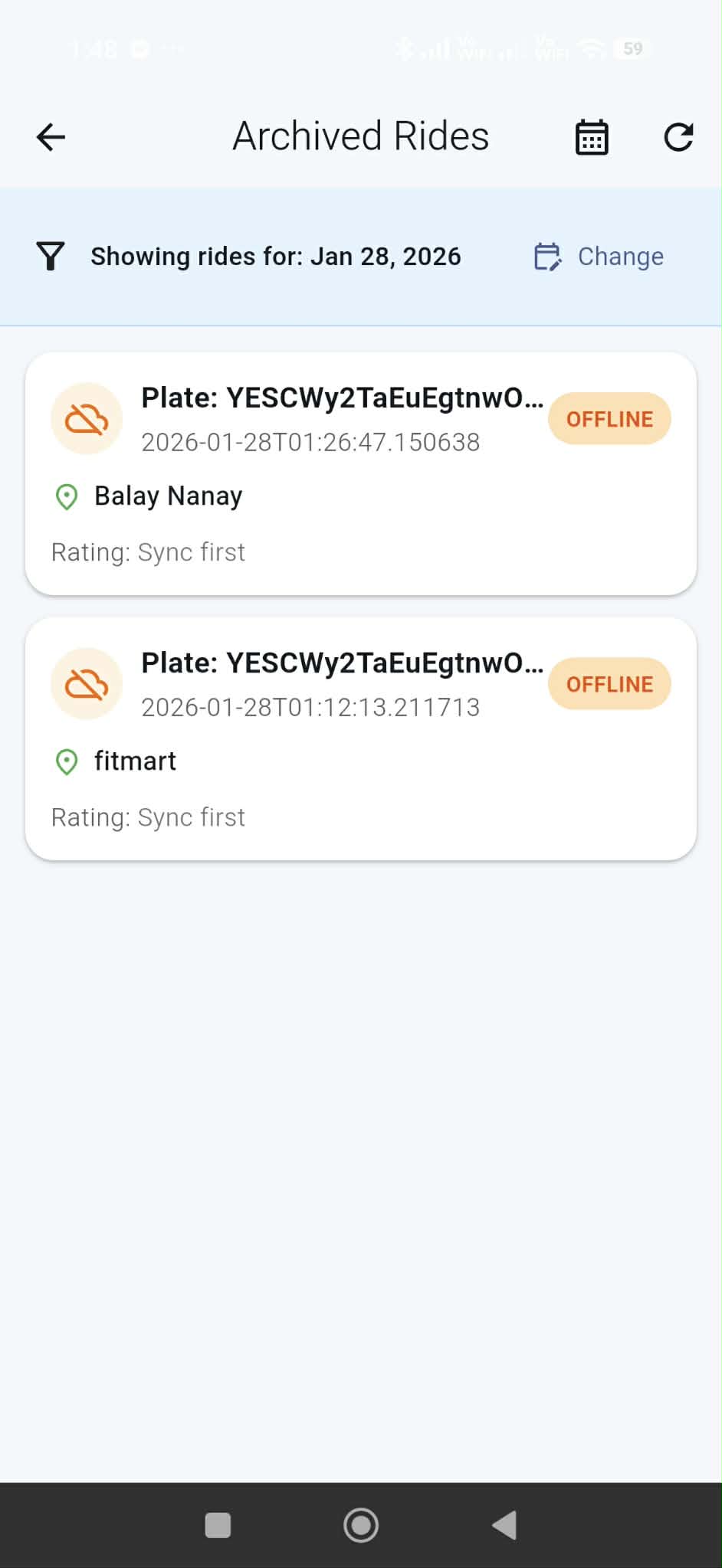 Archived rides list with date filter and OFFLINE badges.