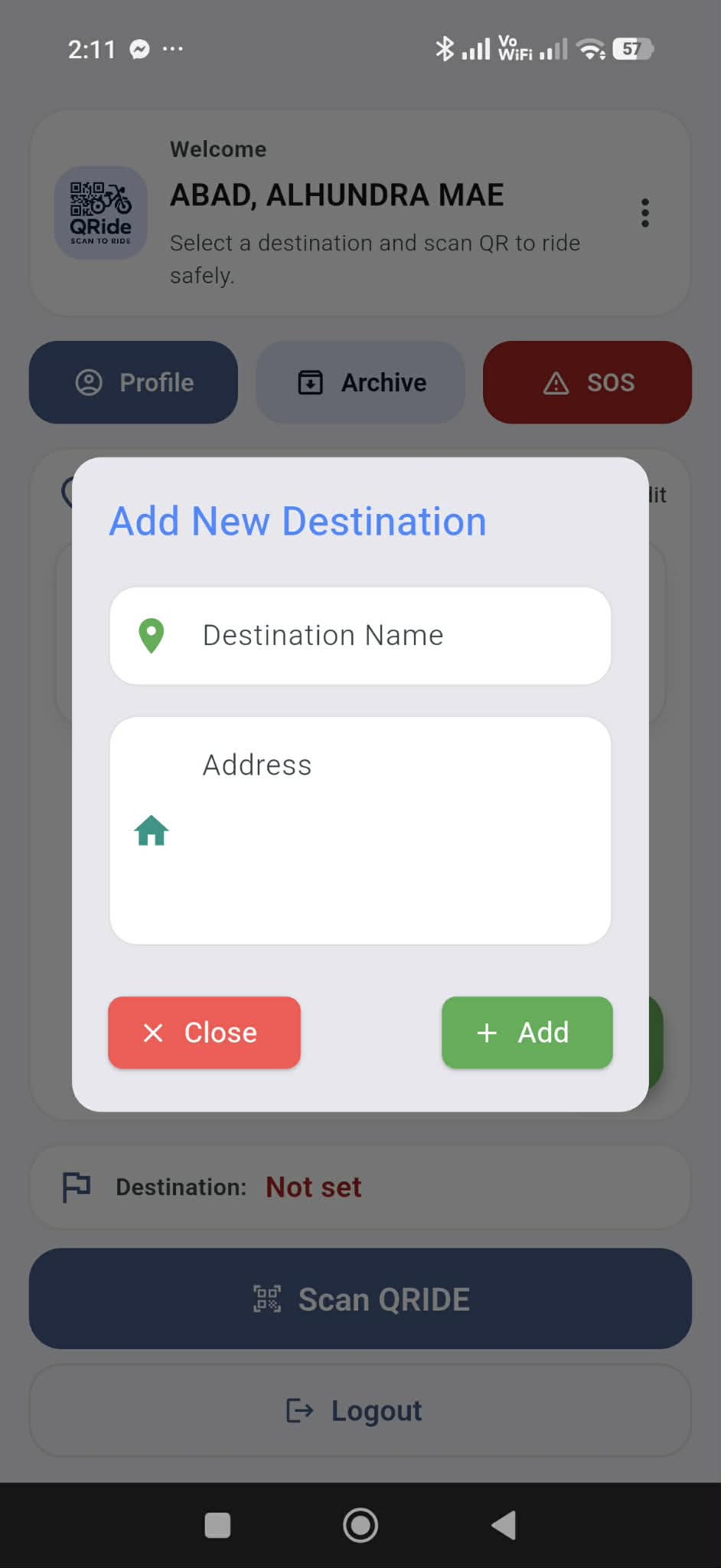 Add new destination dialog.