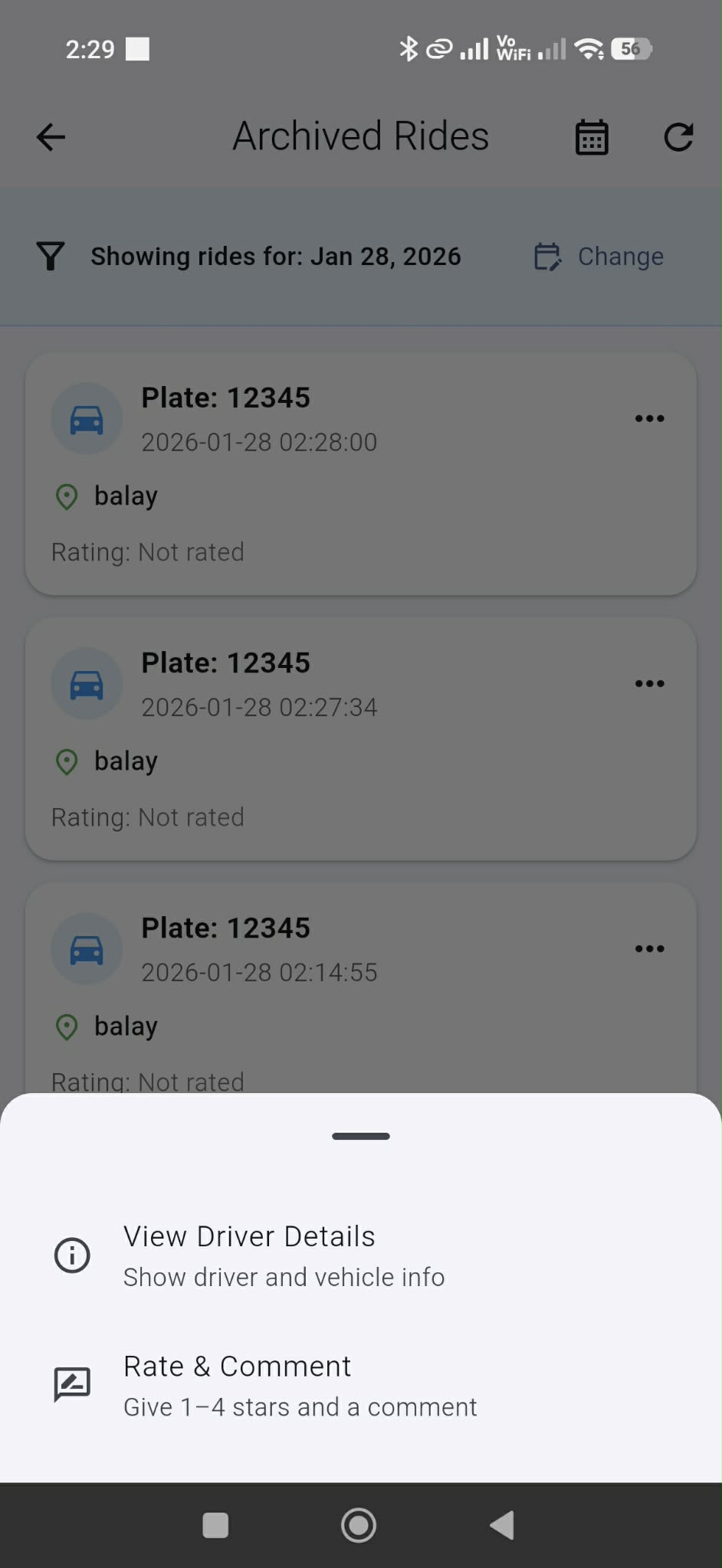 Ride action menu (Driver details / Rate & Comment).