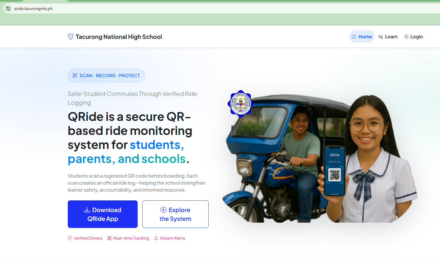 Download QRide App button on the QRide website.