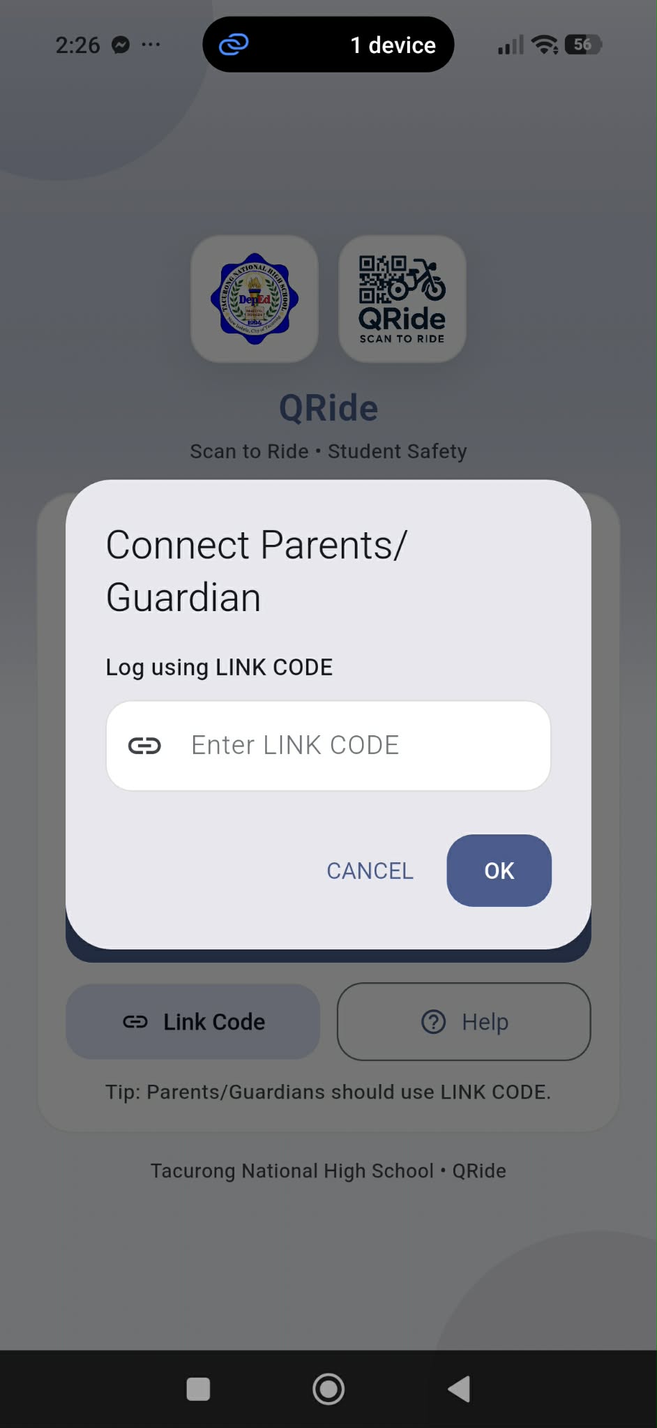 Link Code screen for parents/guardians (enter code then Connect).
