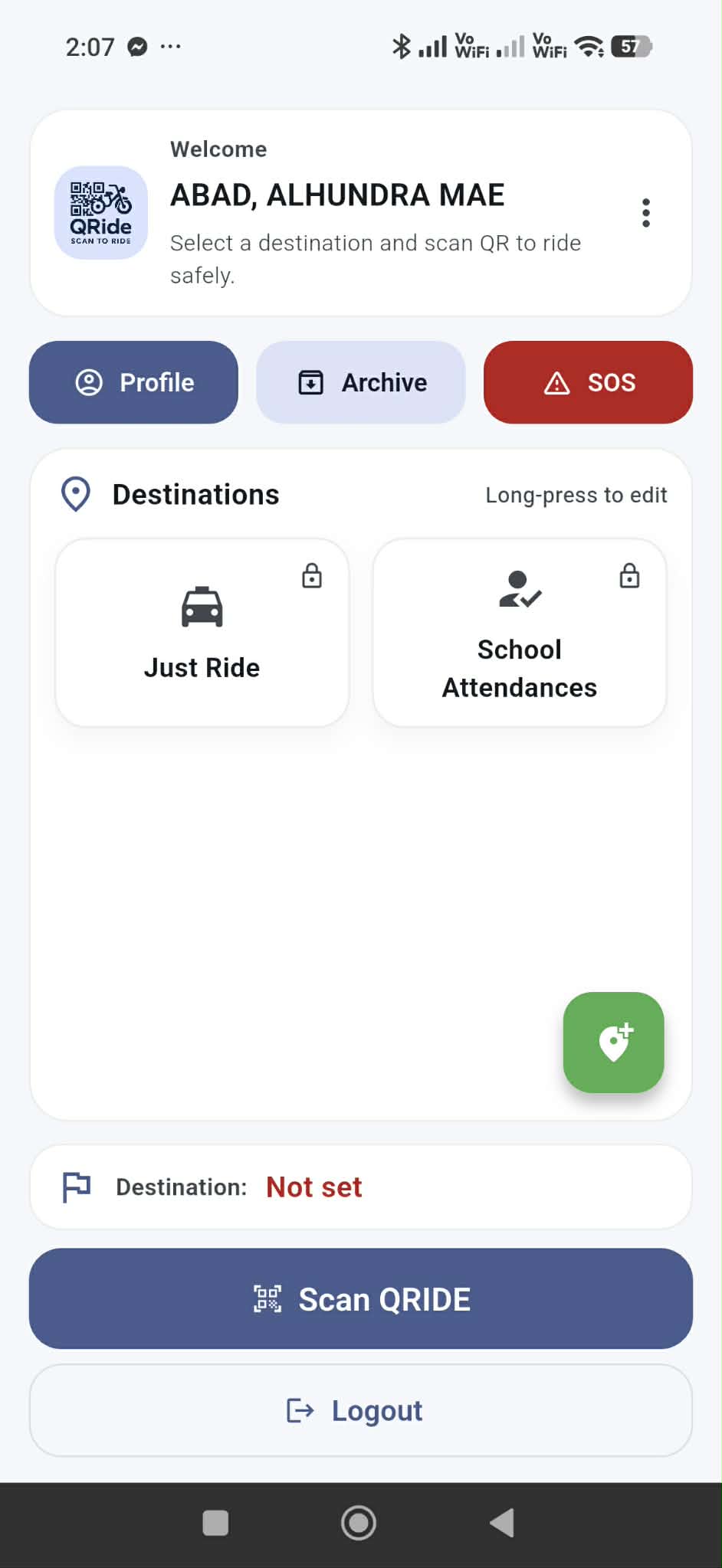 Home screen with Profile, Archive, SOS, Destinations, and Scan QRIDE button.