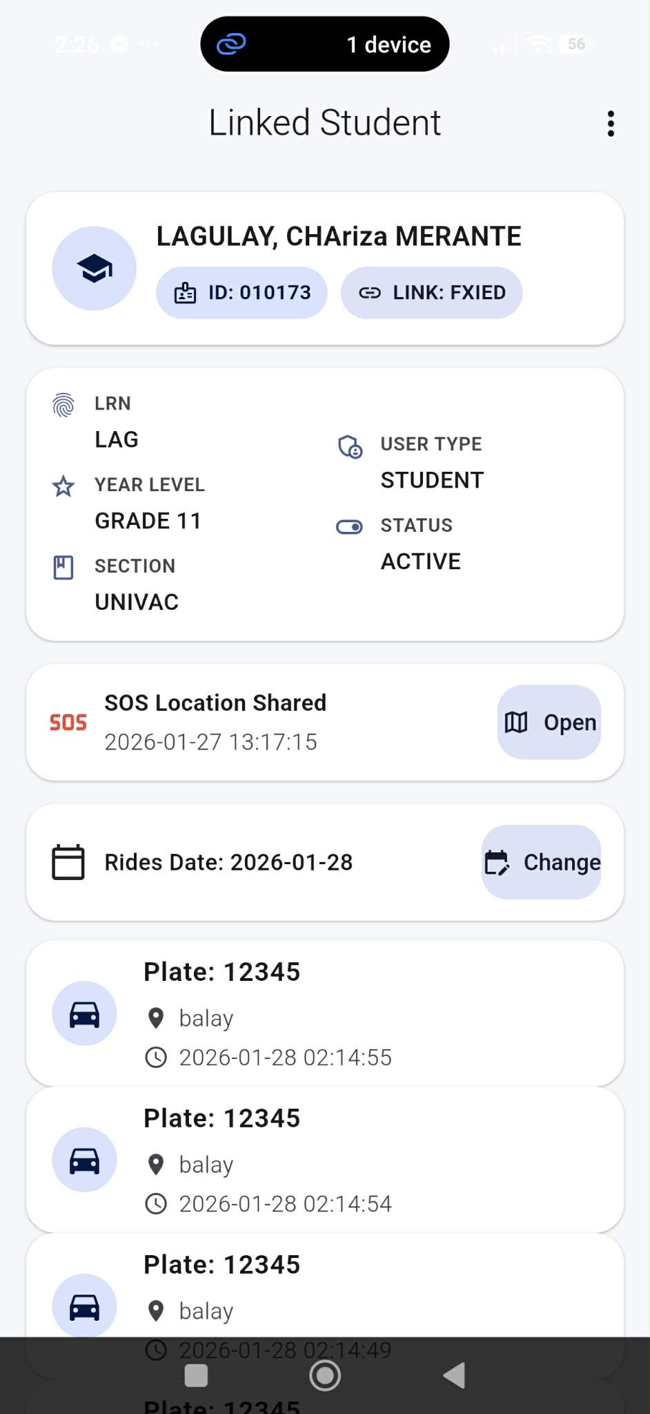 Linked Student screen with profile + ride list + date filter.