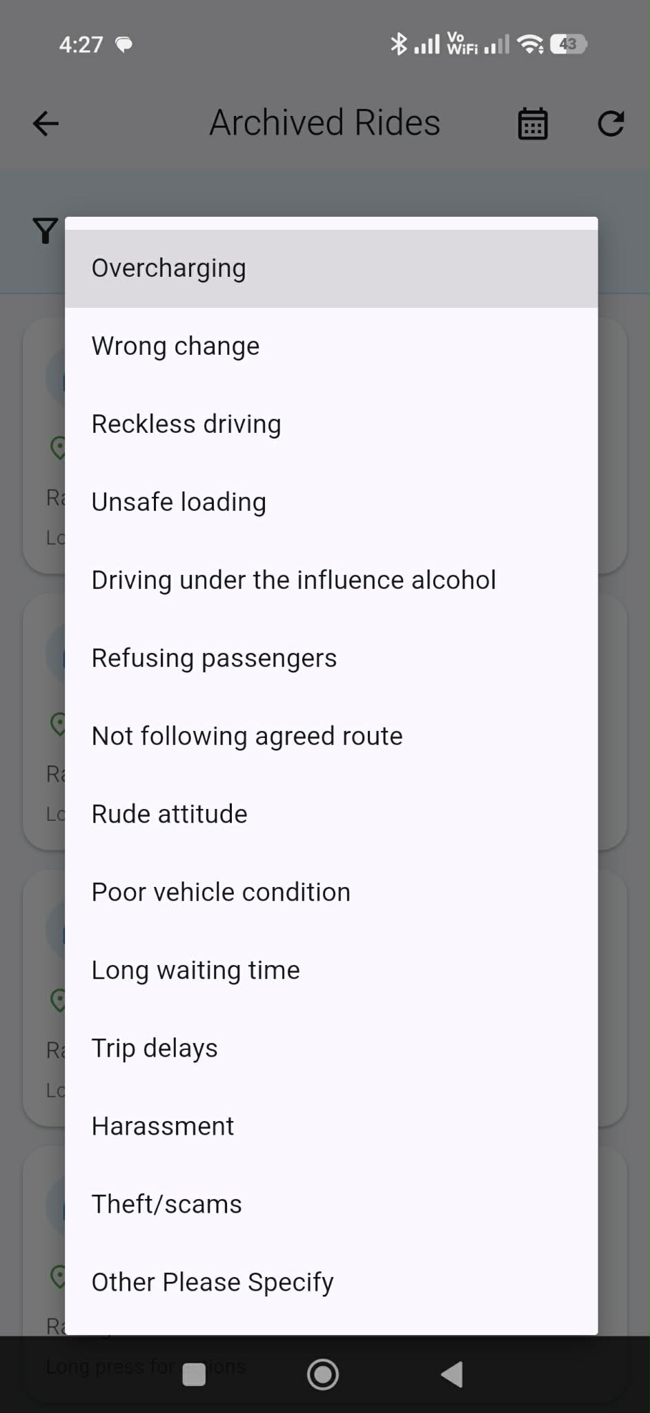 List of comment reasons (Overcharging, Wrong change, etc.).