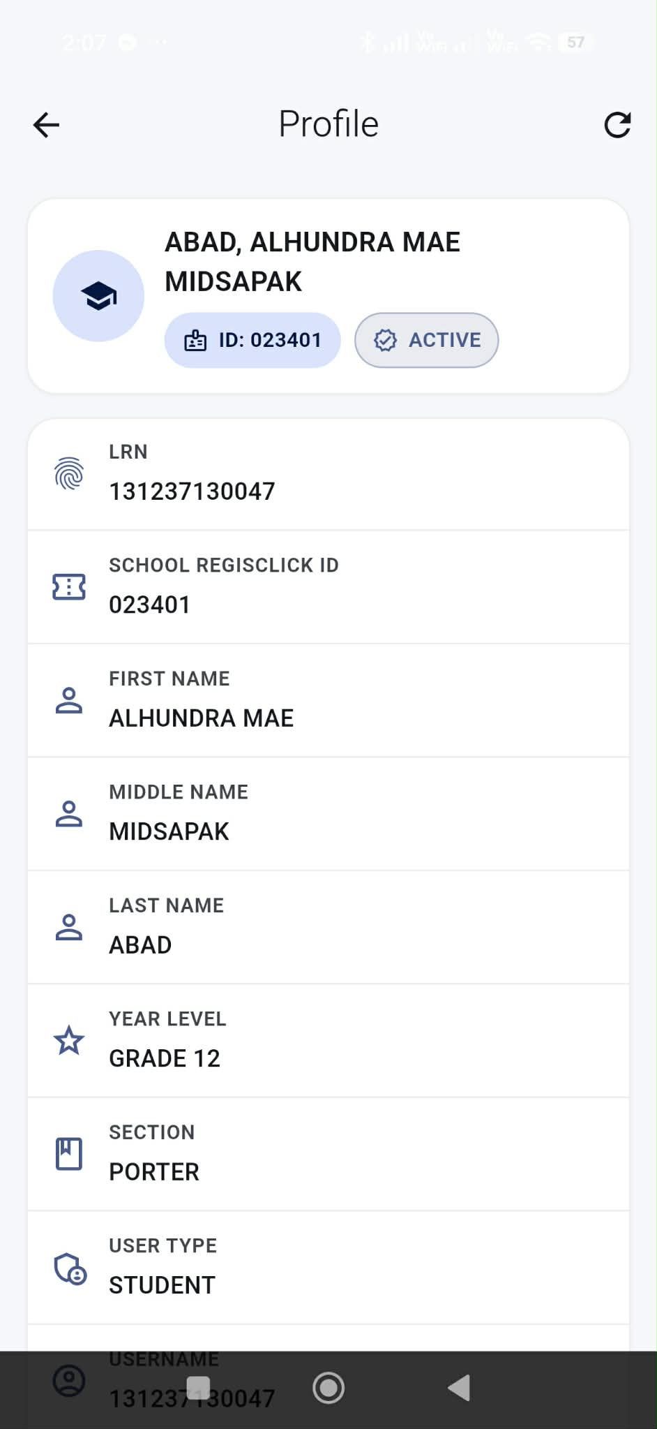 Profile page showing student details and status.