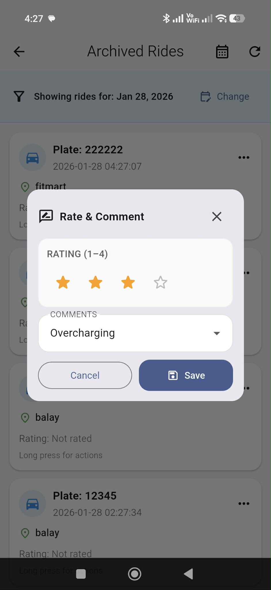 Rate & Comment dialog (stars + dropdown + Save).