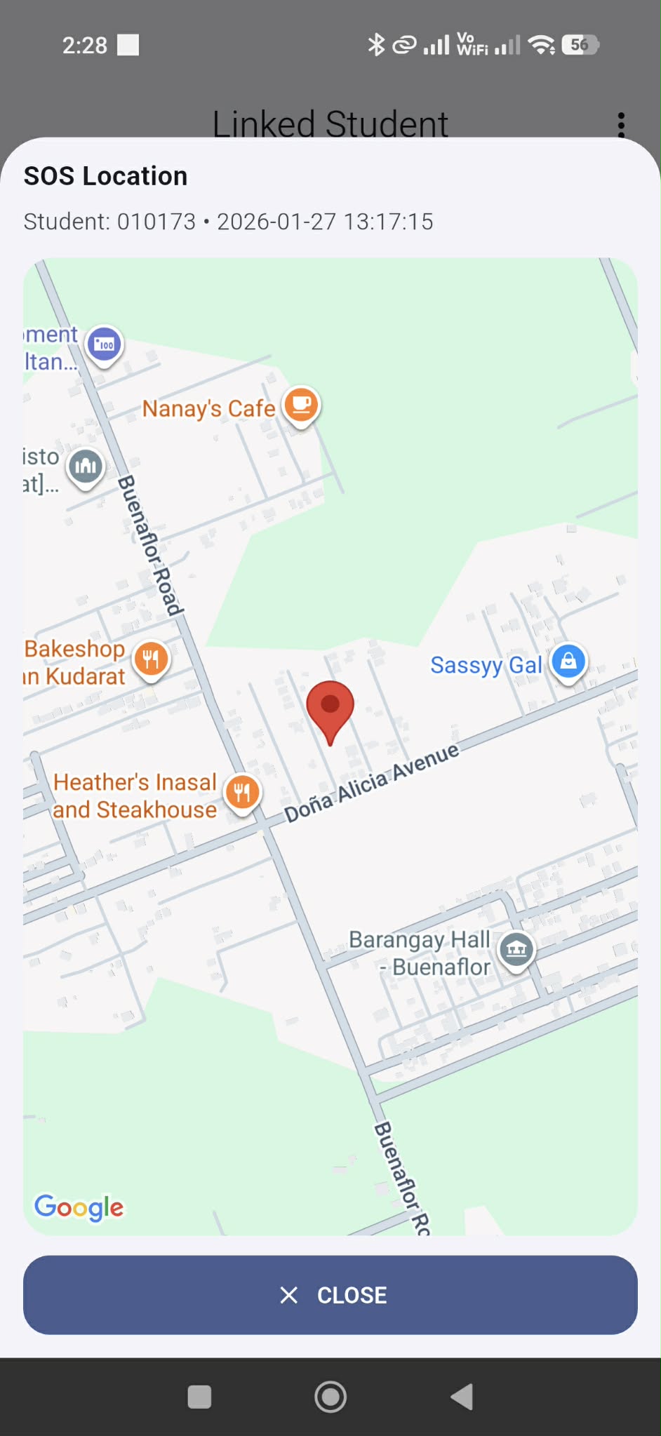 SOS Location map preview with pin and Close button.