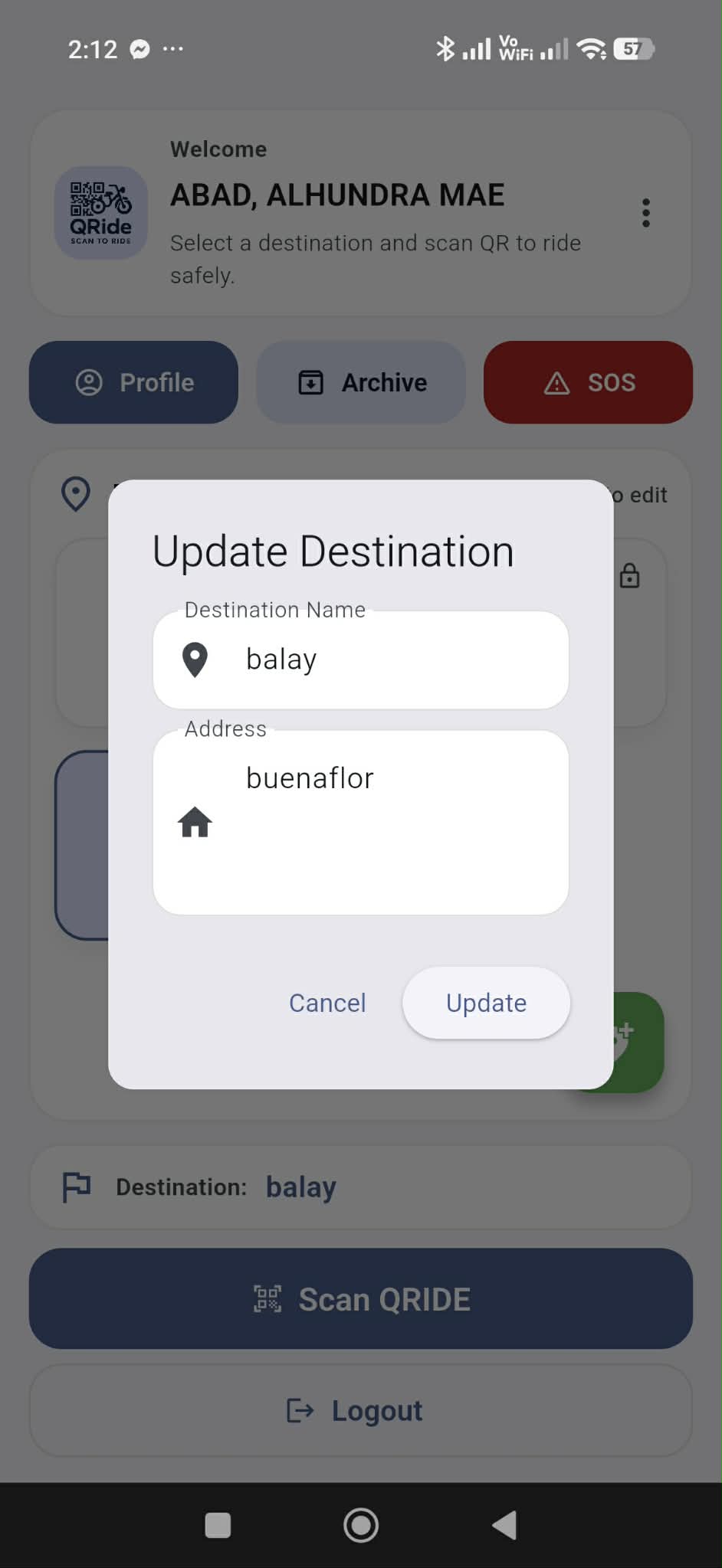 Update destination dialog (edit name/address).